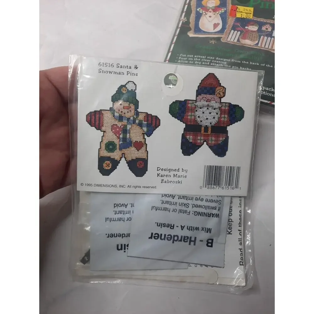 Vintage Dimensions Craft Pins Set of Two Kits Christmas Santa Snowmen